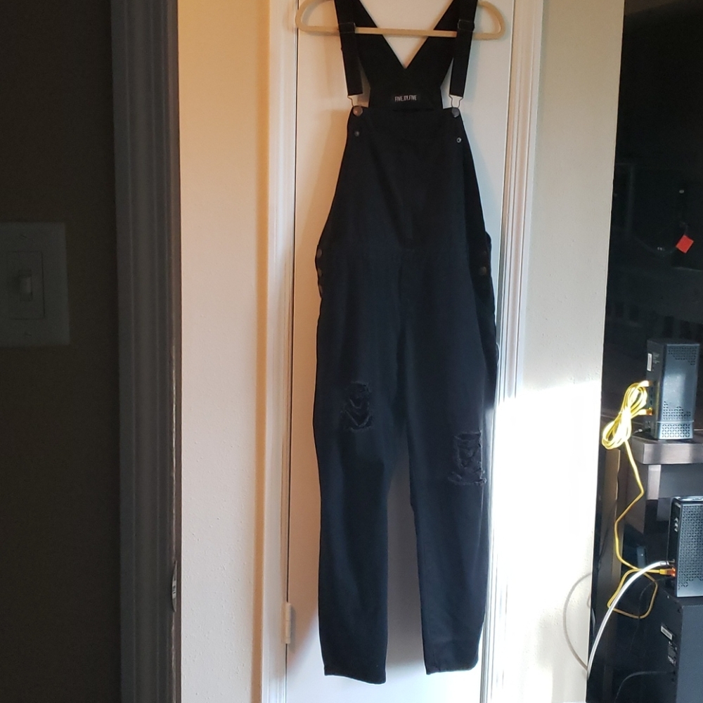 Black distressed jean bib overalls